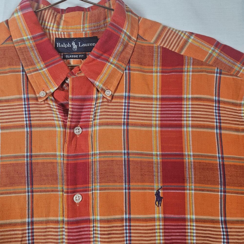 Ralph Lauren Shirt Mens Large Orange Plaid Short Sleeve Button Down Classic Fit